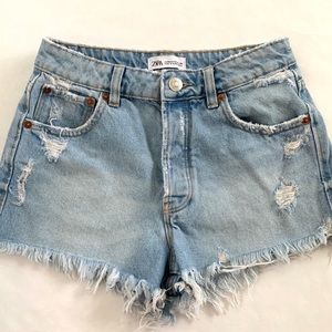 Zara High Rise Distress Mom Jean Shorts